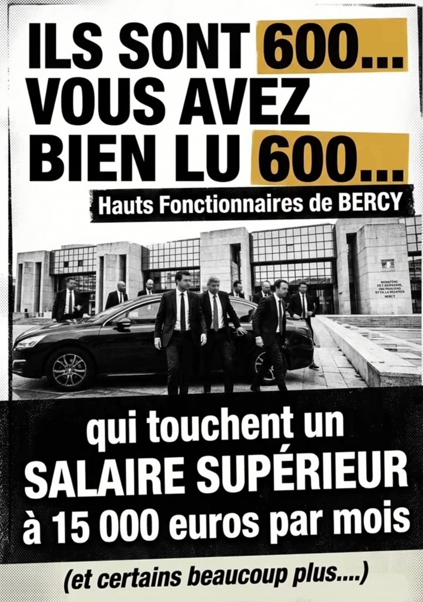 NoWar3Fr's tweet photo. « ILS SONT 600 HAUTS FONCTIONNAIRES À BERCY »
ILS DISENT QU’ON VIT BIEN
AVEC 2 000 € PAR MOIS
IMAGINEZ AVEC PLUS DE 15 000 €
ET TOUS LES AVANTAGES. https://t.co/sBXG7RvdnD