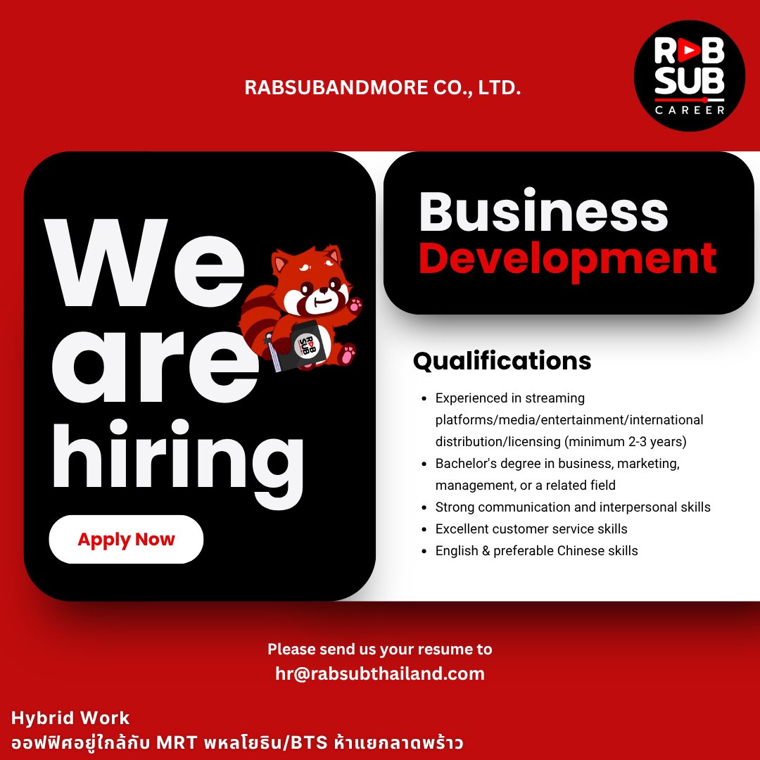 RABSUB_TH's tweet photo. ❤️[Job vacancy] Business Development Officer (BD) 1 position

📥 Apply now! https://t.co/V2mmbkuiex

#RABSUBรับซับ #workatrabsub https://t.co/cxmuD4psYv
