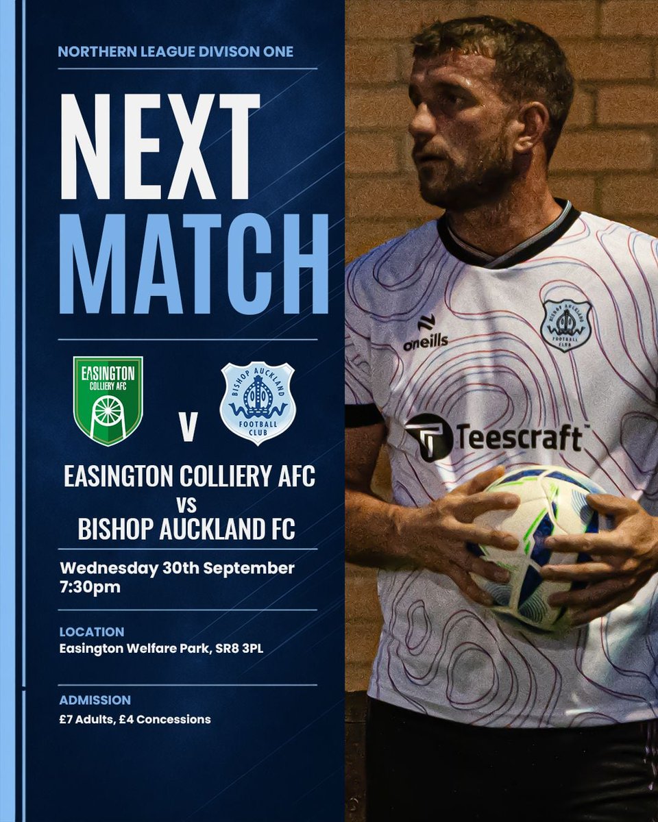 bishopafc's tweet photo. 🚨IT'S MATCHDAY!

We’re back on the road on tonight as we travel to Easington Colliery in the Northern League Division One.

🆚 Easington Colliery AFC
📍 Easington Welfare Park, SR8 3PL
📅 Wednesday 30th September
⏰ 7:30pm

🎟️ £7 Adults | £4 Concessions
👦 Under-16s FREE when accompanied by an adult

Before kick-off, there will be a minute’s applause for Brandon Grimes, along with a bucket collection, with all proceeds being donated to Brandon’s family. 💙

#TheBishops | #TwoBlues