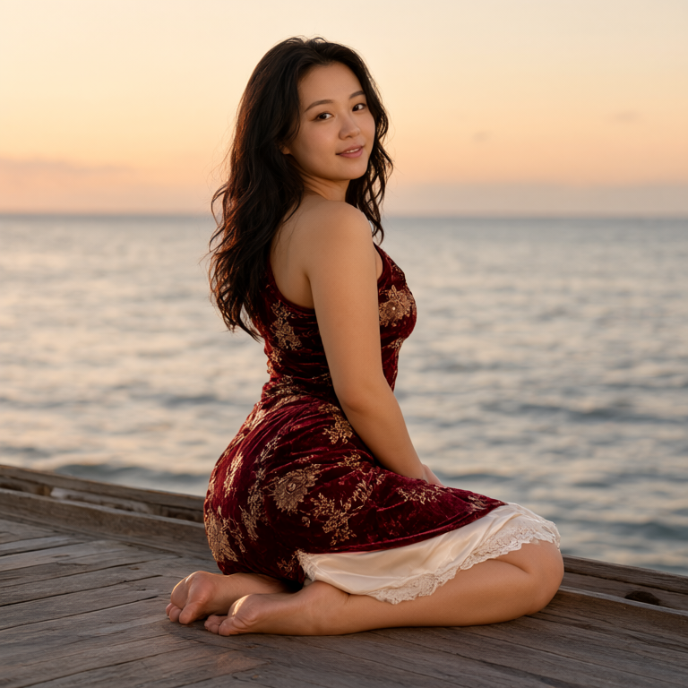 didisgrl's tweet photo. #AI #AIGirl
Prompt：
Subject: Photorealistic high-resolution photography, 8k, cinematic quality featuring a young Asian woman in her mid-20s. She has a soft round face shape with delicate features and a gentle demeanor, possessing a curvy figure with harmonious proportions. Her skin displays a realistic matte texture with natural pores and tone, completely free of any artificial shine or digital smoothing.

Expression & Details: Her eyes gaze back over her shoulder toward the camera with a clear, confident expression, accompanied by a subtle, soft smile on her lips. Long, dark wavy hair cascades down her back in a tidy yet relaxed style, with loose strands framing her face naturally. The overall mood is serene and alluring.

Clothing & Texture: She wears a deep red velvet one-shoulder dress featuring intricate gold floral embroidery that adds texture to the heavy fabric. A cream-colored satin slip skirt with delicate lace trim is visible beneath the hemline, creating an elegant color contrast against the dark red. The garments fit her ample bust and full figure naturally, showing realistic wrinkles and drape.

Pose & Action: She is kneeling on a wooden dock with her hips resting on the planks and legs bent back so her feet are crossed behind her. Her torso leans slightly forward while twisting to reveal her side profile and back, turning her head to face the viewer directly. This position emphasizes her body curves and the flow of the fabric.

Scene & Composition: The background features a calm ocean at dusk with a distant hazy horizon line, providing a sense of depth and tranquility. The foreground consists of weathered wooden dock planks with visible grain and texture leading into the frame. A shallow depth of field keeps the subject in sharp focus while softly blurring the water and sky behind her.

Lighting & Atmosphere: Natural sunset light from the left creates warm golden highlights on her skin and hair, avoiding any oily sheen. Shadows are soft and natural, contributing to a romantic color palette dominated by orange, deep red, and cream tones. The image maintains realistic skin texture, no text, no watermarks, accurate anatomy, and natural hands.