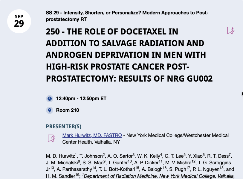 mirrorsmed's tweet photo. 🚨 Docetaxel after prostatectomy for persistent PSA? NRG GU002 suggests a benefit, but not where you'd expect: the signal was in Decipher LOW/intermediate risk, not high risk. How would you interpret this? 👇

THE ROLE OF DOCETAXEL IN ADDITION TO SALVAGE RADIATION AND ANDROGEN DEPRIVATION IN MEN WITH HIGH-RISK PROSTATE CANCER POST-PROSTATECTOMY: RESULTS OF NRG GU002

#ASTRO26 NRG GU002 randomized 165 men whose PSA failed to nadir ≤0.2 ng/mL after prostatectomy to salvage RT + 6 months ADT, with or without 6 cycles of docetaxel. 
➡️The phase II closed early for slow accrual. 5-year freedom from progression: 62.6% vs 48.9% (HR 0.67, one-sided p=0.092). 
➡️Locoregional failure improved (HR 0.33); no OS difference. Surprisingly, benefit was concentrated in Decipher low/intermediate-risk patients. More grade 3–4 neutropenia with docetaxel. #ProstateCancer

@mdhurwitzmd, @sartor_oliver, @rtdess, @jmmrad, @APDicker, @MarkMishraMD, @tbottkothari, @DrPaulNguyen, @DrHowardSandler