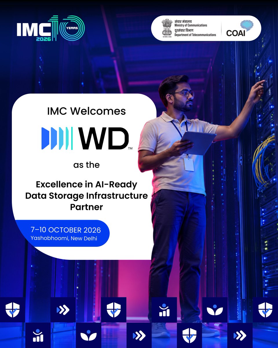 exploreIMC's tweet photo. 🚀 Welcoming Western Digital to IMC 2026!

We are proud to welcome @wd_corporation as an Excellence in AI-Ready Data Storage Infrastructure Partner at India Mobile Congress 2026.

With innovations in Ultrastar, ePMR, HAMR and High Bandwidth Drive, WD is advancing storage for the growing demands of AI and cloud infrastructure.

📍 Meet Western Digital at Booth B11, Hall 1.

📍 Yashobhoomi, New Delhi | 📅 7–10 October 2026

#IMC2026 #IMCBeyond10 #IndiaMobileCongress #WesternDigitalAtIMC #ScaleWithoutBoundaries 

@ConnectCOAI @DoT_India