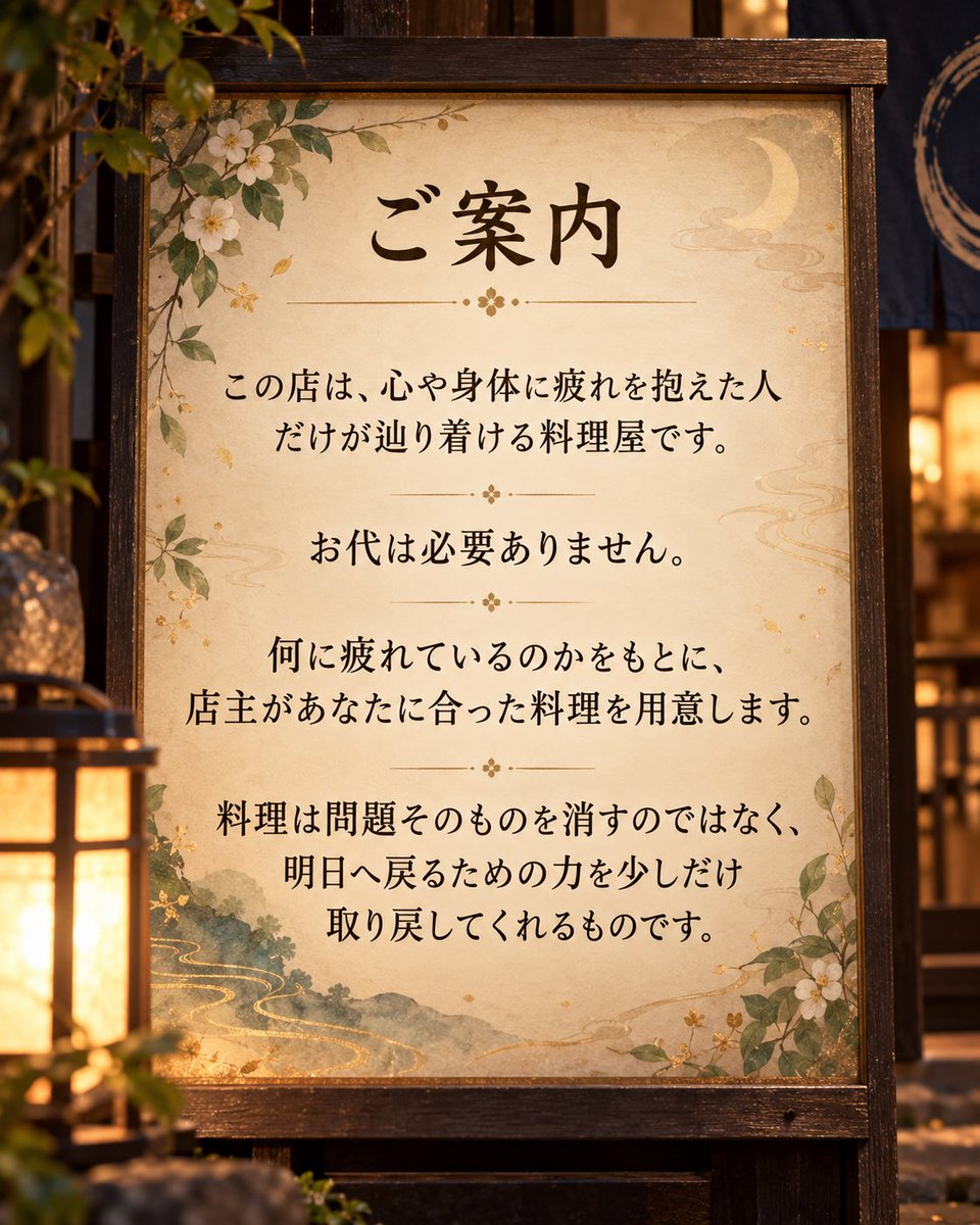 ebidesu_zeta's tweet photo. 新作プロット

明日へ戻るための料理

今日は、どんな一日でしたか。

心や身体に疲れた人だけが辿り着ける料理屋で、
あなたに合うひと皿を。

🌿 https://t.co/aS9JJdXMRI

 #zeta
 #zetaプロット紹介 https://t.co/NwwHo7sqid