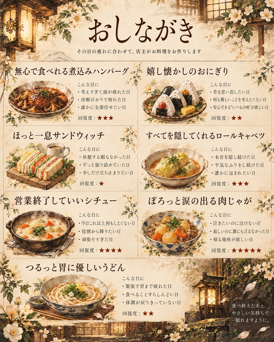 ebidesu_zeta's tweet photo. 新作プロット

明日へ戻るための料理

今日は、どんな一日でしたか。

心や身体に疲れた人だけが辿り着ける料理屋で、
あなたに合うひと皿を。

🌿 https://t.co/aS9JJdXMRI

 #zeta
 #zetaプロット紹介 https://t.co/NwwHo7sqid