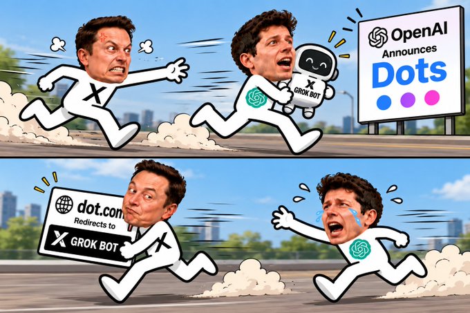 Zenmswo's tweet photo. OpenAI launched its new AI agent "Dots" yesterday. Turns out Elon Musk's xAI has owned the domain https://t.co/dE8n7v72HK since July - two months before the announcement - and it redirects straight to Grok's bot page. xAI doesn't own similar domains like https://t.co/D9sz4faMpX or https://t.co/h9BjvXrnk8. Coincidence? Nobody's confirmed anything. But come on.