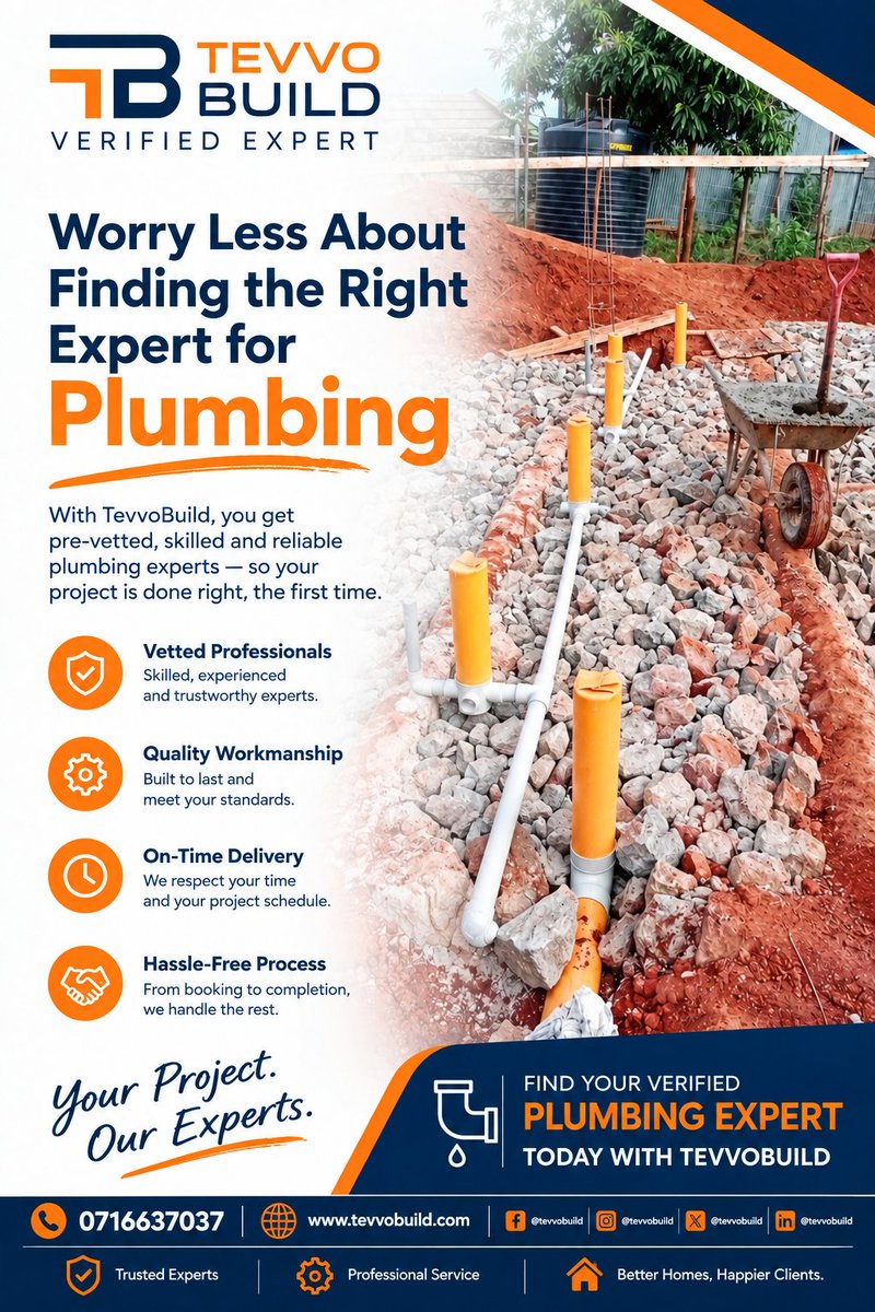 tevvobuild's tweet photo. Need a reliable plumbing expert? TevvoBuild connects you with verified professionals for quality plumbing work—from installation to completion.
📲 0716637037 | 🌐 https://t.co/9aUt0NXrjJ
Your Project. Our Experts. 🛠️
#TevvoBuild #Plumbing #VerifiedExperts #ConstructionKenya https://t.co/ew7zkw0gWA