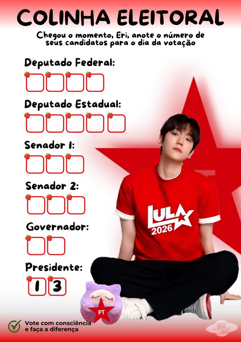 bbhplanetbr's tweet photo. ELEIÇÕES 2026 | COLINHA ELEITORAL DAS ERIS 🗳

O 1º turno está chegando: dia 4 de outubro é dia de fazer a sua voz valer!

Para não se confundir na frente da urna e agilizar o processo, a dica de ouro é levar tudo anotado numa colinha, você pode imprimir ela ou salvar no seu celular. Confira a ordem exata de digitação dos candidatos:

1. Deputado Federal
2. Deputado Estadual/Distrital
3. Senador — 1�� vaga
4. Senador — 2ª vaga
5. Governador
6. Presidente da República

📱: Não deixe o e-Título para a última hora! Quem pretende usá-lo já aproveita para baixar o aplicativo o quanto antes e fazer a validação até sábado (03/10).

📌 Lembre-se: Pesquise histórico, confira propostas e escolha quem realmente representa seus ideais. Um voto consciente transforma o futuro de todos!

Anote seus candidatos, leve sua colinha e boa votação!

#Eleições2026 #BAEKHYUN