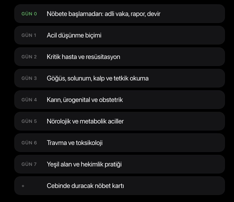 oddd31's tweet photo. bunun için lotus'a bir acil el kitabı ekledim. 7 part, gün gün ilerliyor: acil düşünme biçimi, kritik hasta, göğüs-solunum-kalp ve tetkik okuma, karın ve obstetrik, nörolojik ve metabolik aciller, travma ve toksikoloji, yeşil alan.

ders kitabı değil, tus notu hiç değil. amaç "hasta önüme geldi, şimdi ne yapıyorum" sorusuna cevap vermek. bir de adli rapor, devir, evrak işlerini anlatan bir başlangıç bölümü var, ilk nöbetten önce okuyun. nöbette cebinizde duracak kısa bir nöbet kartı da var.

tamamen ücretsiz, herkese açık. abonelik gerekmiyor, uygulamayı indirip giriş yapmanız yeterli. fayda görmeniz dileğiyle.

https://t.co/AR7RKJoPfs