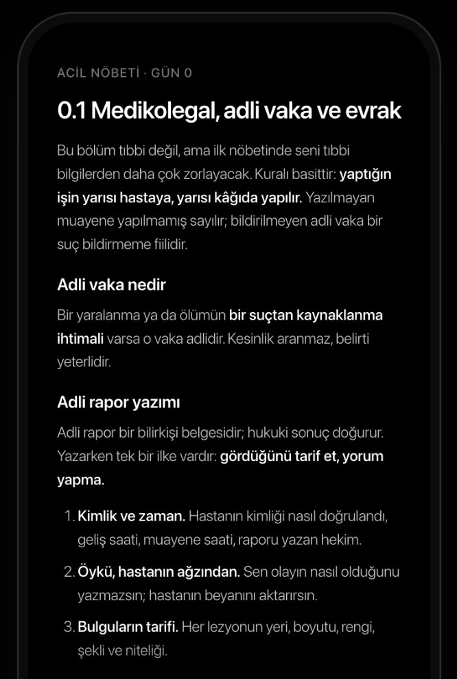 oddd31's tweet photo. bunun için lotus'a bir acil el kitabı ekledim. 7 part, gün gün ilerliyor: acil düşünme biçimi, kritik hasta, göğüs-solunum-kalp ve tetkik okuma, karın ve obstetrik, nörolojik ve metabolik aciller, travma ve toksikoloji, yeşil alan.

ders kitabı değil, tus notu hiç değil. amaç "hasta önüme geldi, şimdi ne yapıyorum" sorusuna cevap vermek. bir de adli rapor, devir, evrak işlerini anlatan bir başlangıç bölümü var, ilk nöbetten önce okuyun. nöbette cebinizde duracak kısa bir nöbet kartı da var.

tamamen ücretsiz, herkese açık. abonelik gerekmiyor, uygulamayı indirip giriş yapmanız yeterli. fayda görmeniz dileğiyle.

https://t.co/AR7RKJoPfs