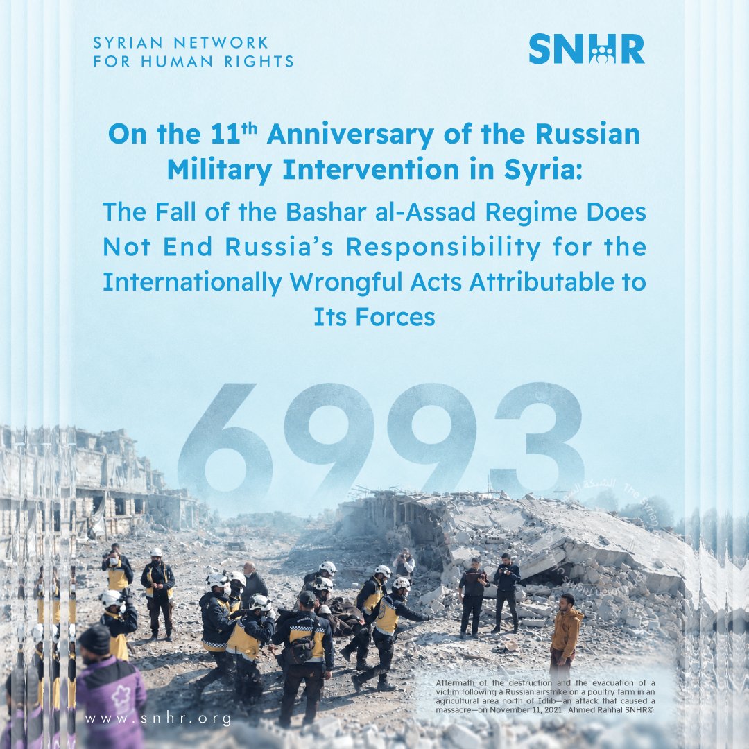 snhr's tweet photo. On the 11th Anniversary of the Russian Military Intervention in Syria: The Fall of the Bashar al-Assad Regime Does Not End Russia’s Responsibility for the Internationally Wrongful Acts Attributable to Its Forces
Today marks the 11th anniversary of the Russian military intervention in Syria, which is the second anniversary to pass since the fall of the Bashar al-Assad regime on December 8, 2024. However, even with the fall of the former regime, in support of which Russia intervened militarily, the humanitarian and legal consequences of that intervention have remained present in the lives of thousands of families who lost family members, and in the communities whose homes, facilities, and livelihoods were damaged. The Syrian Network for Human Rights (SNHR) believes that the change of authority in Syria doesn’t end Russia’s responsibility for the internationally wrongful acts attributable to its forces, nor the obligations incumbent upon it to make reparation.
According to the database of SNHR, Russian forces caused the deaths of at least 6,993 civilians, including 2,061 children and 984 women (adult females), between September 30, 2015, and December 8, 2024. Among the victims were at least 70 medical personnel, including 12 women, and 24 media workers. These forces also committed at least 363 massacres, according to SNHR’s adopted definition of a massacre.
SNHR also documented at least 1,262 incidents of attacks carried out by Russian forces on vital civilian facilities.
To view the full statement: https://t.co/nSXtqGTSWa
#SNHR #Syria