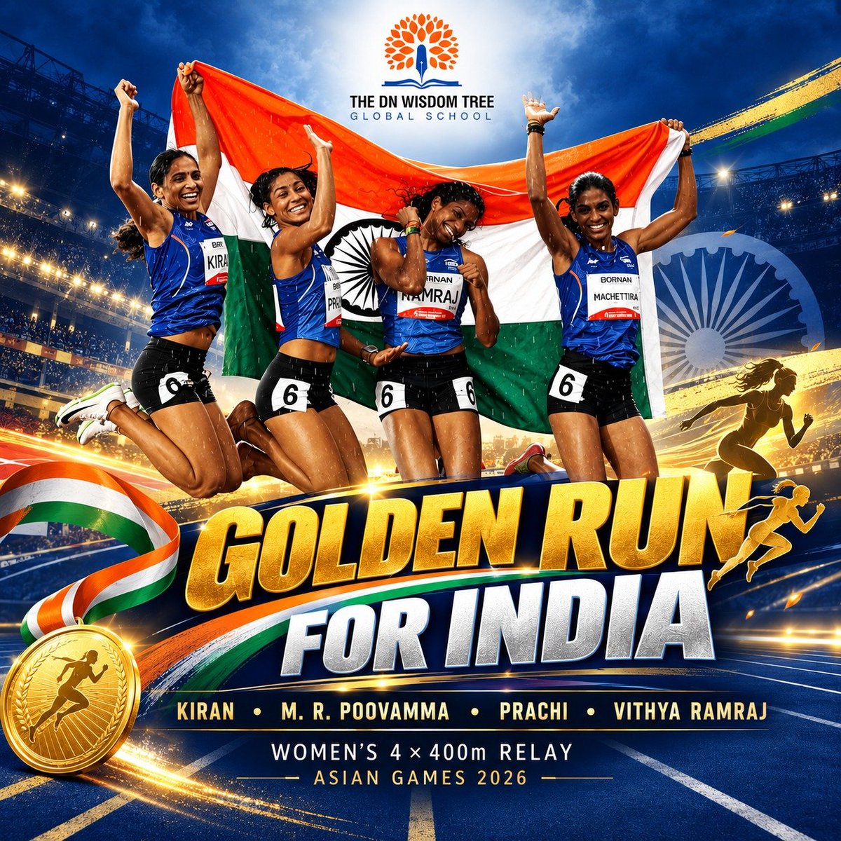 DNWisdomTreeGS's tweet photo. 🥇🇮🇳 GOLDEN RUN FOR INDIA! 

A golden moment for India as Kiran Pahal, Prachi, Poovamma Machettira &amp; Vithya Ramraj triumph in the Women’s 4×400m Relay at the Asian Games 2026 in Nagoya, Japan.

Four athletes. One team. One golden finish. 

Congratulations, Champions! https://t.co/QMlXiYMNno