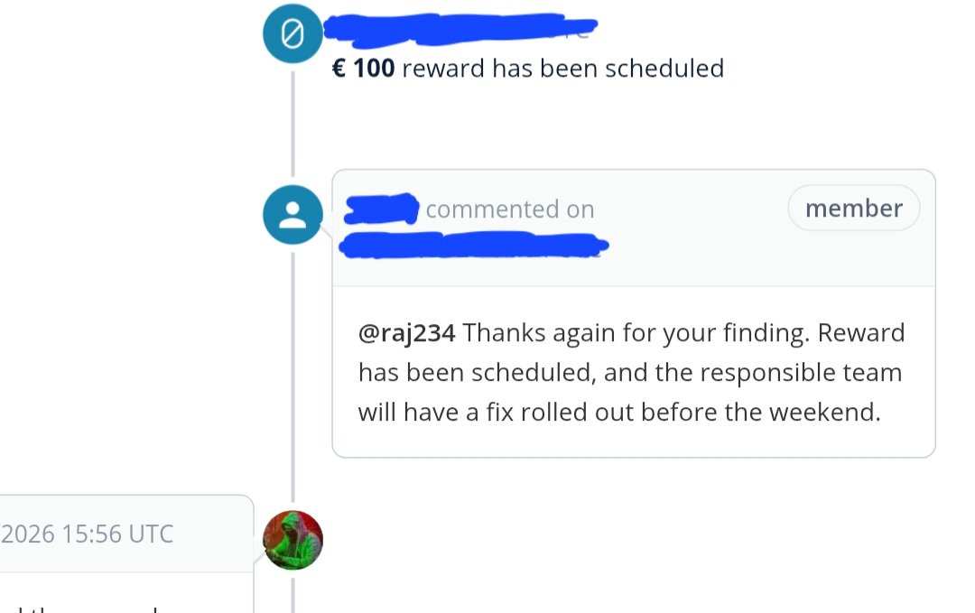 RajAnsa82605700's tweet photo. Reward: €100 💰
Platform: Intigriti
#BugBounty #CyberSecurity #EthicalHacking #WebSecurity #SecurityResearcher #ResponsibleDisclosure #Intigriti #BugBountyHunter https://t.co/FZL5D5iFCO