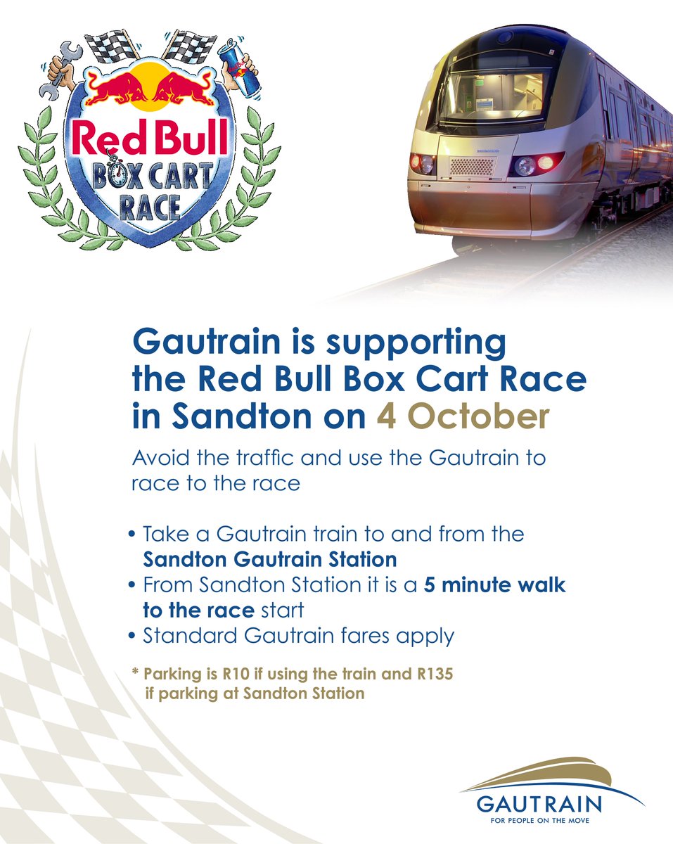 TheGautrain's tweet photo. 🚨Use #GautrainTransportPlug to @RedBullZA
📍 WHERE: Sandton
🏎️ WHAT: Red Bull Box Cart Race 2026
📅 WHEN: Sunday, 4 October 2026
🎟️ ENTRY: FREE
#RedBullBoxCartRace #RedBull #GivesYouWiiings https://t.co/IZjRY7HXwc