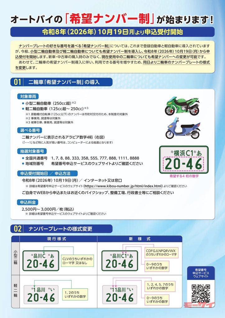 PutiMotor's tweet photo. 2026年10月19日より、バイクの「希望ナンバー制」の申し込み受付が正式に開始。

希望ナンバー制の対象となるバイクは、250cc超の自動二輪と125cc超〜250cc以下の軽二輪。

申し込み可能なのは、「新車購入時」と「4つの条件に当てはまる現有バイク」

●新規検査・届出を行う場合 
●管轄変更を伴う名義変更、または転居による住所変更を行う場合 
●現在のナンバープレートを紛失、破損または汚損等し、番号変更を行う場合 
●ご当地ナンバーへの番号変更を行う場合 

https://t.co/VByNd59KEP
