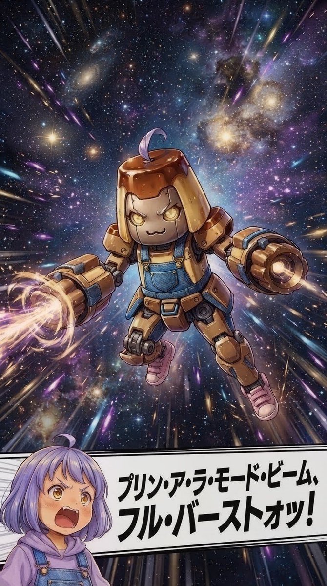 tearstea's tweet photo. #全クリエイターに告ぐロボットの作品を解放せよ

#うはおけプロンプト

エルちゃん「いけ！プリン・アラドーモ！！」 https://t.co/EPFpPhJ2OF