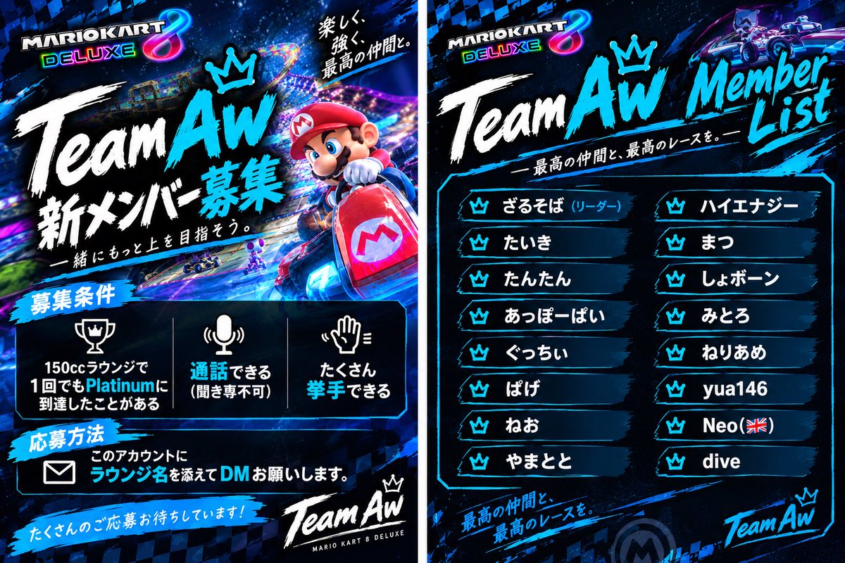 Awgaikou's tweet photo. MK8DXチームAwは新メンバーを募集しています！
興味がある方は是非dmお願いします！
条件は相談可能です！
#mkmg 
#mkmgメンバー募集
#mkmgチームメンバー募集 https://t.co/RDbXHH7gNM