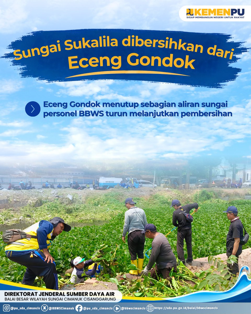 BBWSCimanuk's tweet photo. Eceng gondok yang menutup sebagian aliran Sungai Sukalila kembali dibersihkan. Sebanyak 21 personel BBWS Cimanuk Cisanggarung turun menyisir sungai dan mengangkat tanaman yang menumpuk di sejumlah bagian 

#sigapmembangunnegeriuntukrakyat
#mengelolaairuntuknegeri
#bbwscimancis https://t.co/oMfO7V7aH4
