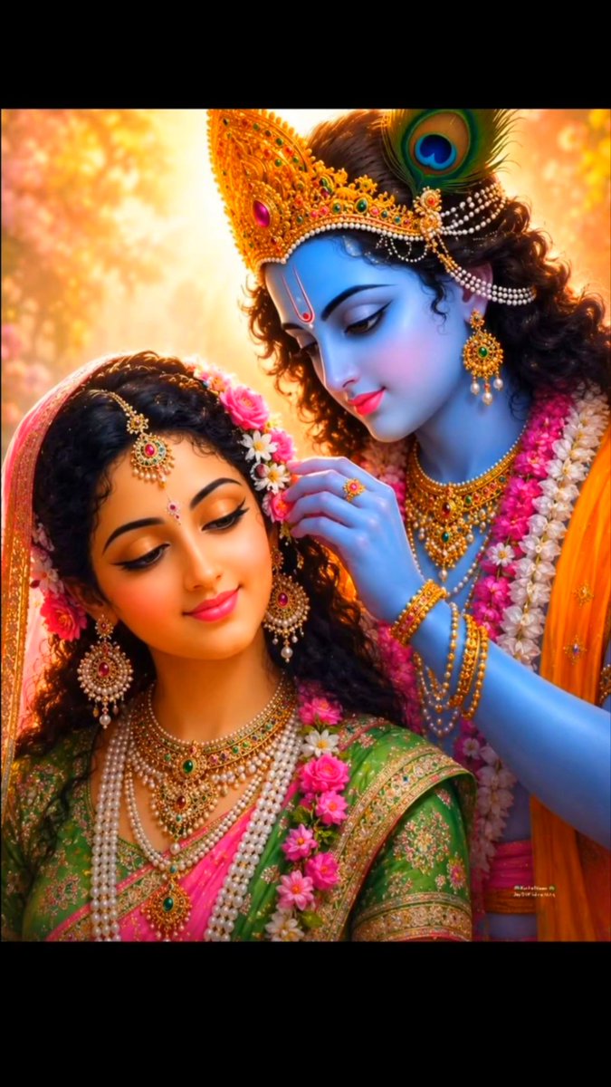 A devotional digital artwork depicting Lord Krishna with blue skin, a peacock feather, and golden crown adorning Radha, who wears traditional Indian bridal attire with elaborate jewelry and a flower garland.