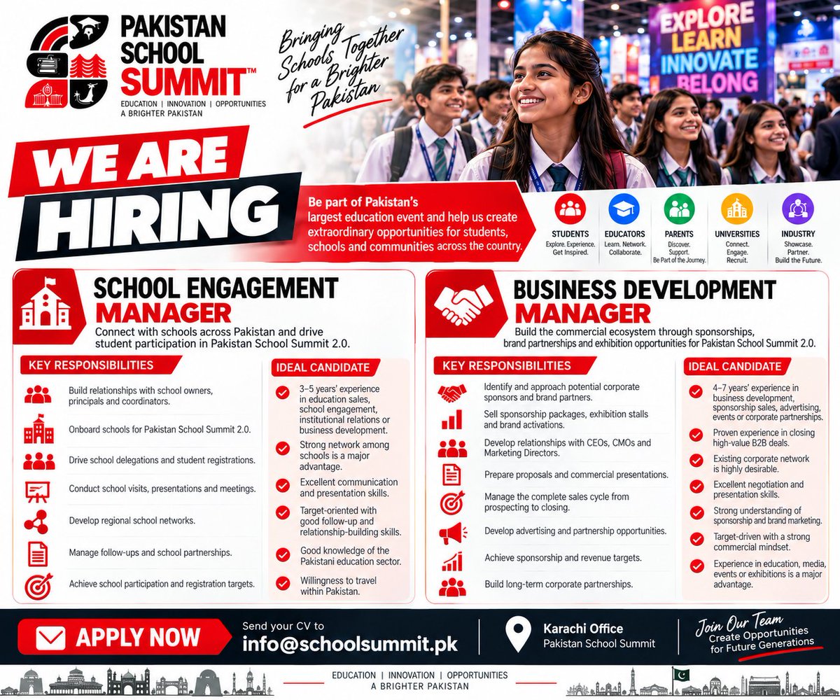 SchoolSummitPK's tweet photo. 🚨 WE ARE HIRING — PAKISTAN SCHOOL SUMMIT 2.0
Pakistan School Summit is expanding its team for the next edition, and we’re looking for talented, driven professionals who want to help shape Pakistan’s biggest education platform.
🎓 SCHOOL ENGAGEMENT MANAGER
Your role: Build strong relationships with schools across Pakistan and drive student participation.
You will:
- Build relationships with school owners, principals and coordinators
- Onboard schools for Pakistan School Summit 2.0
- Drive school delegations and student registrations
- Conduct school visits, presentations and meetings
- Develop regional school networks
- Manage school partnerships and follow-ups
- Achieve school participation and registration targets
Ideal candidate: 3–5 years’ experience in education sales, school engagement, institutional relations or business development. Strong communication, presentation and relationship-building skills are essential.
💼 BUSINESS DEVELOPMENT MANAGER
Your role: Drive the commercial growth of Pakistan School Summit 2.0 through sponsors, brands and strategic partnerships.
You will:
- Acquire corporate sponsors and strategic partners
- Sell sponsorship packages, exhibition stalls and brand activations
- Build relationships with CEOs, CMOs and Marketing Directors
- Prepare proposals and commercial presentations
- Manage the complete B2B sales cycle
- Develop advertising and partnership opportunities
- Achieve sponsorship and revenue targets
- Build long-term corporate partnerships
Ideal candidate: 4–7 years’ experience in business development, sponsorship sales, advertising, events or corporate partnerships. Strong B2B sales, negotiation and presentation skills are highly valued.
📍 Karachi | Pakistan School Summit
📩 APPLY NOW
Send your CV to info@schoolsummit.pk
Subject:
School Engagement Manager – PSS 2.0
or
Business Development Manager – PSS 2.0
Join the team. Build partnerships. Create opportunities. Shape a brighter Pakistan.
#PakistanSchoolSummit #PSS2027 #WeAreHiring #SchoolEngagement #BusinessDevelopment #Education #EducationPakistan #KarachiJobs #Hiring #JobsPakistan