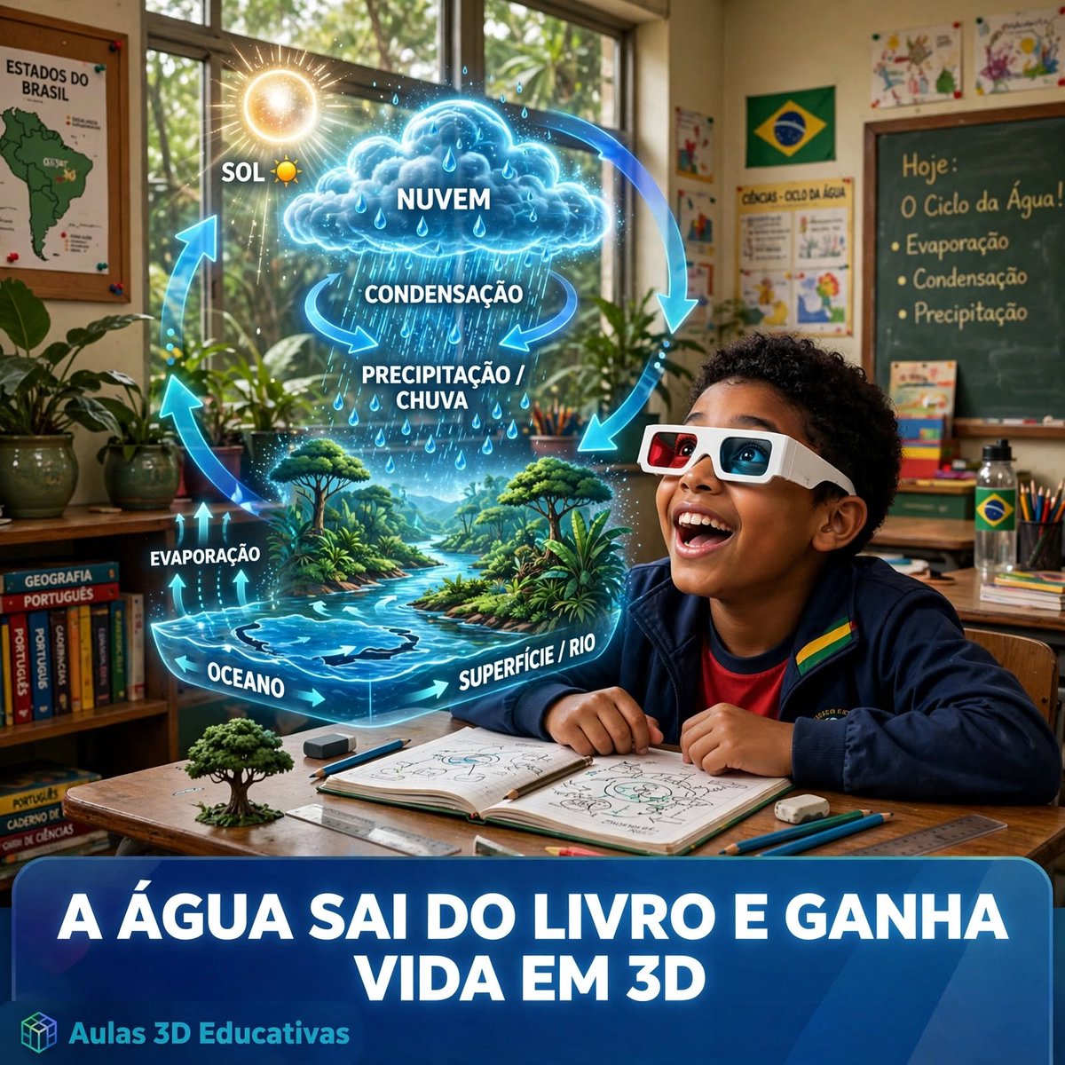 aulas3d's tweet photo. A água não nasce na torneira. Ela viaja. 🌧️☀️

E na aula de hoje, seus alunos vão VER essa viagem em 3D, na frente dos olhos.

Kit Meio Ambiente 3D: 
4 vídeos + PDF + molde do óculos. 

Comenta "ÁGUA" que eu te mando a amostra! https://t.co/yNNi5RxogI
