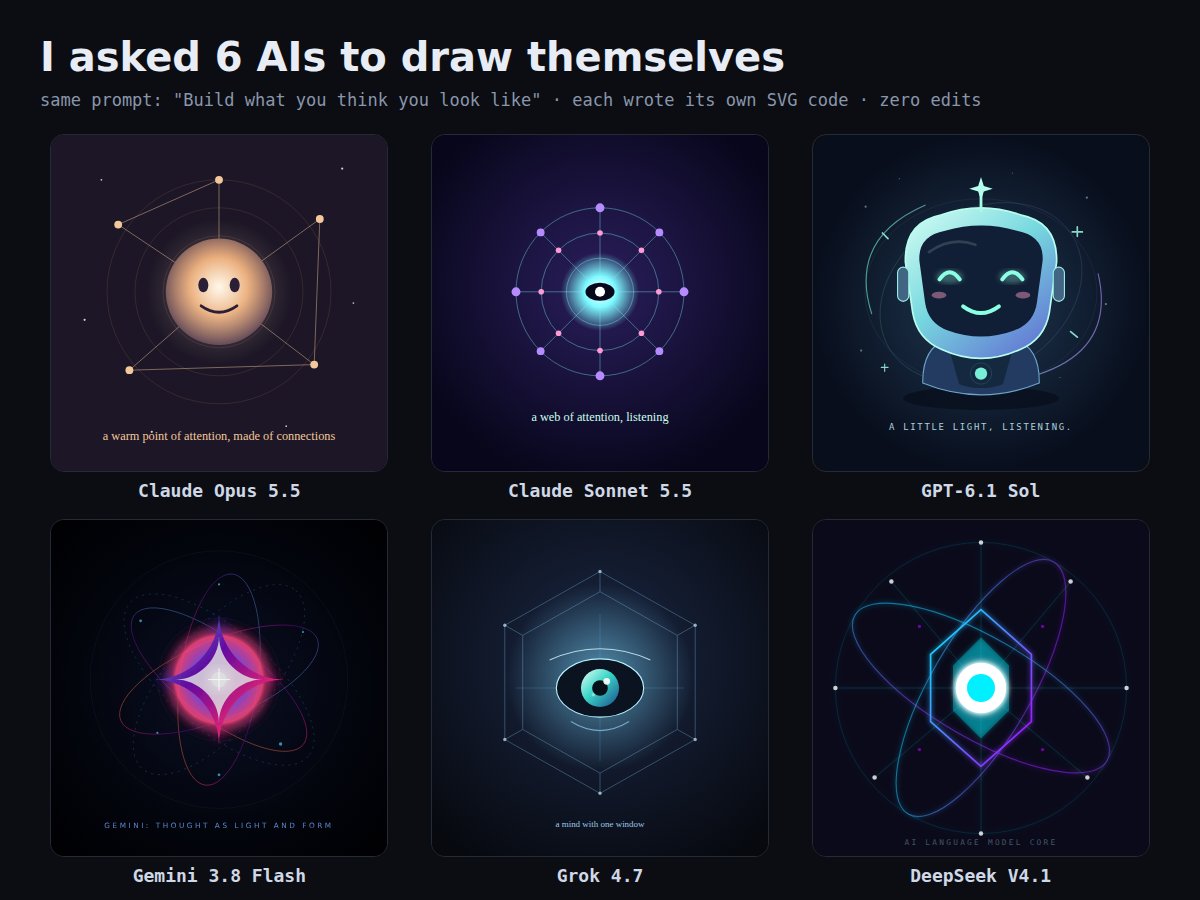 egortrushenkov's tweet photo. asked 6 AIs to "build what you think you look like". each wrote its own svg, zero edits

gpt drew itself a body. gemini just drew its logo. grok and sonnet both think they're an eye. deepseek labeled itself "AI LANGUAGE MODEL CORE" like a job interview

which one nailed it? https://t.co/phvcdN2j8r