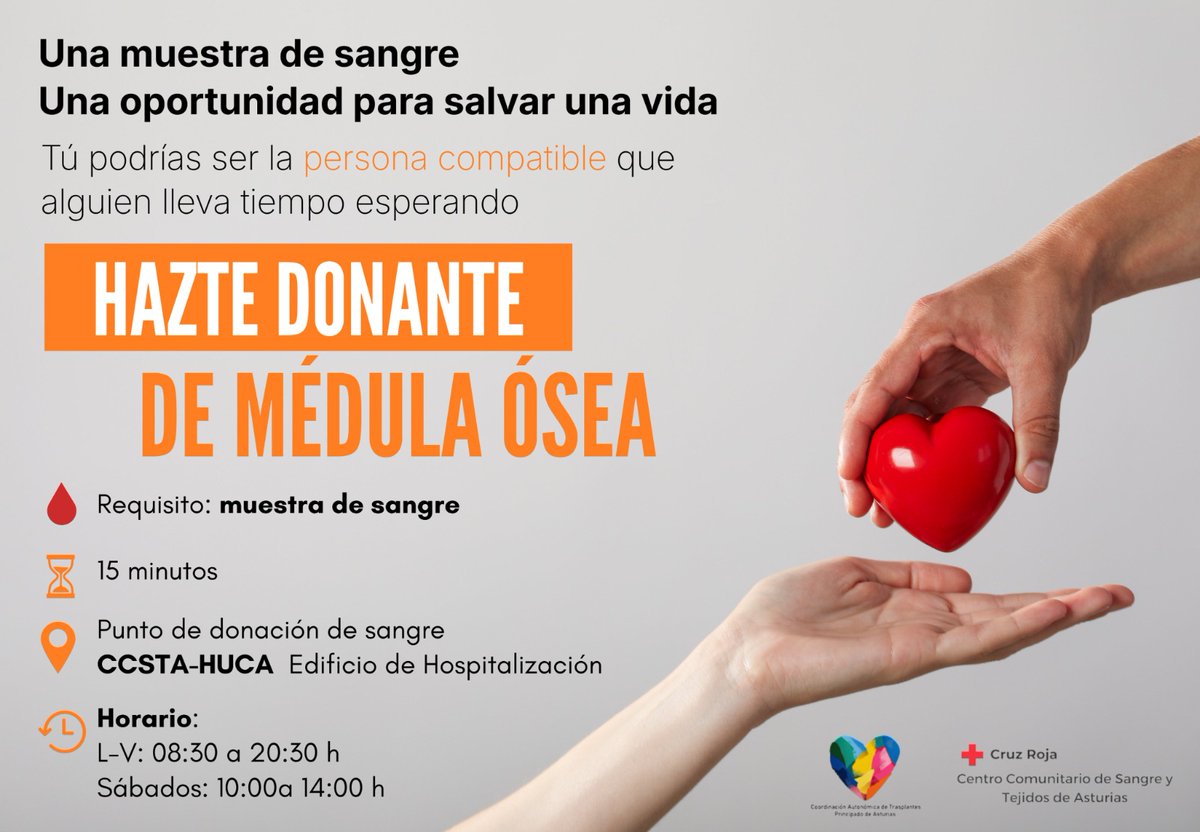 astursalud's tweet photo. 🔸Puede que seas compatible.
Puede que alguien te esté esperando.

🩸 Una muestra de sangre
⏱️ 15 minutos
❤️ Una oportunidad para salvar una vida

📍Acércate al punto de donación del CCSTA-HUCA, en el edificio de Hospitalización, y hazte donante de médula ósea.

🕟Lunes a viernes: 8:30-20:30
🕐 Sábados: 10:00-14:00