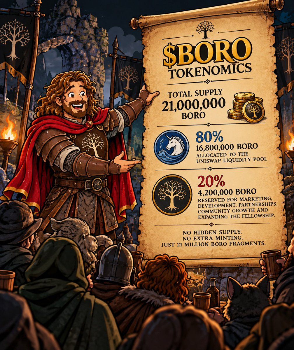 Boromaxi's tweet photo. $BORO TOKENOMICS ⚔️

Total supply: 21,000,000 BORO

💧 16,800,000 BORO — 80%
Allocated to the Uniswap liquidity pool.

📣 4,200,000 BORO — 20%
Reserved for marketing, development, partnerships, community growth and expanding the Fellowship.

No hidden supply. No extra minting. Just 21 million Boro Fragments.

🔍 Verify the LP:
https://t.co/WM5i4pzQyA

📜 Full tokenomics:
https://t.co/71S50rrFlb

The fragments are scattered. The Fellowship is growing. ⚔️

$BORO