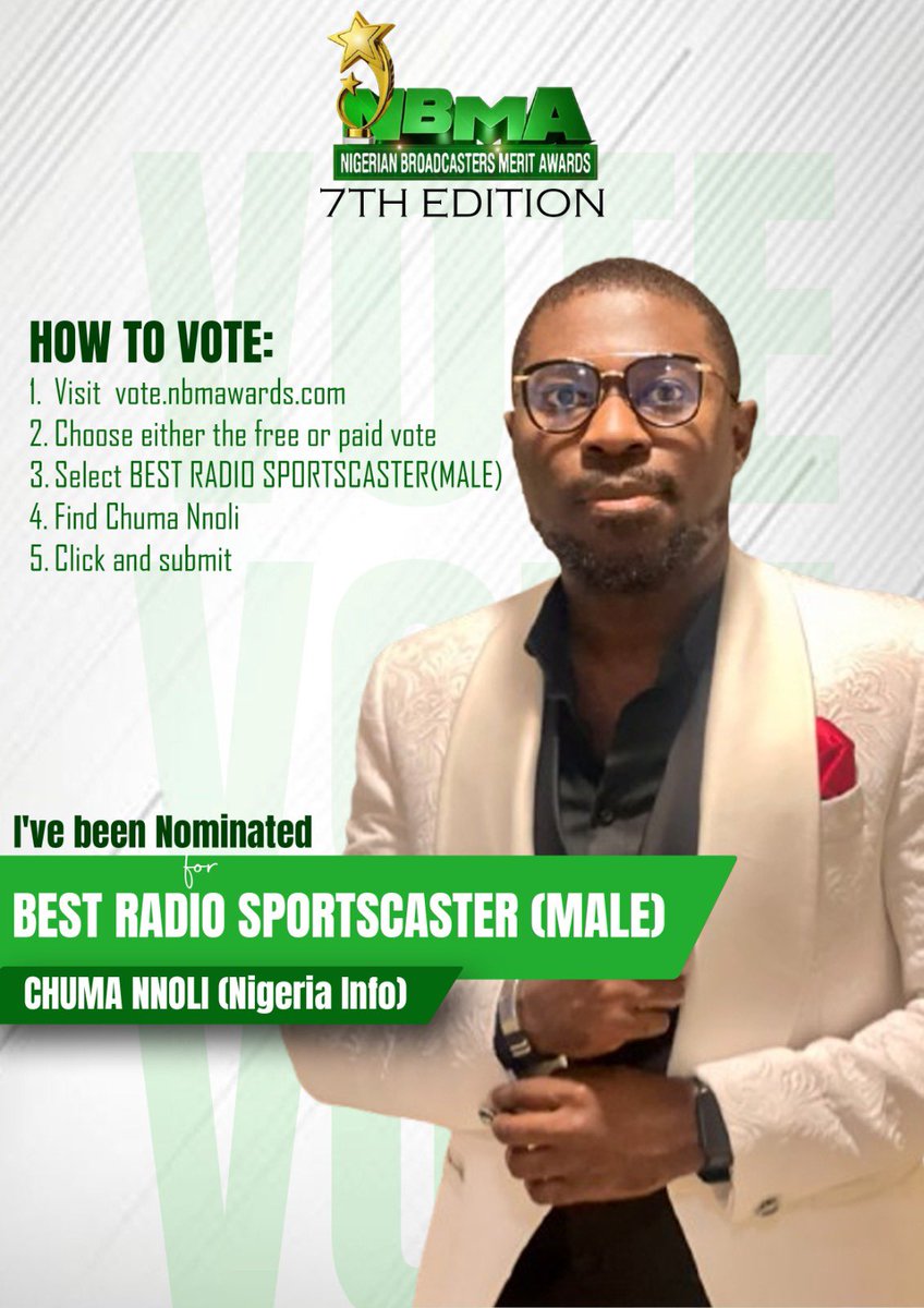 ChumaNnoli's tweet photo. Glad to share that I’ve been nominated as one of the Top Eight in the Country for the Best Radio Sportscaster (Male) category at the 2026 Nigerian Broadcasters Merit Awards.

You can vote for me to win.

Thank you for the continuous love and support. https://t.co/gy3Vj1Chtb