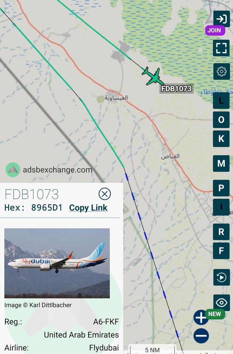 milcotto's tweet photo. #Aviation
#FDB1073
#8965D1
A6-FKF
UAE - Flydubai - Boeing 737-8 MAX
Squawk: 7500
Currently flying with it's transponder switched off again.
https://t.co/qZVbjke7Ur https://t.co/XVWLPTNt9T