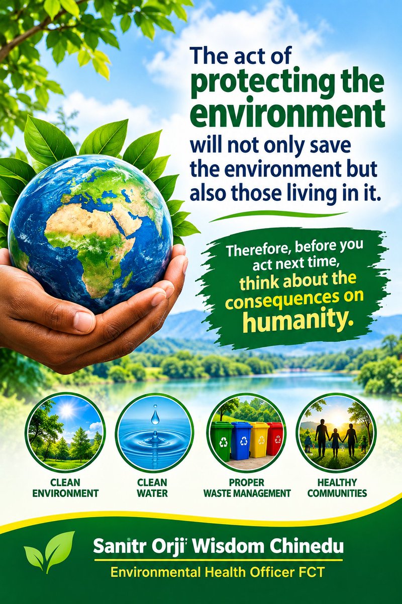 OrjicWisdom's tweet photo. The act of protecting the environment will not only save the environment but also those living in it. Therefore, before you act next time, think about the consequences on humanity.

Sanitr Orji Wisdom Chinedu 
Environmental Health Officer FCT https://t.co/t6sDBXiq4Z