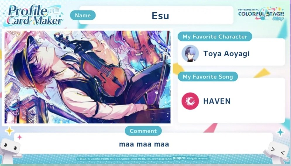 ioheiyaoi's tweet photo. Check out the #COLORFULSTAGE profile card I made for the World Link Campaign🌎
Let's bring together COLORFUL STAGE! fans from around the world!
guess esus fav..hard edition..
https://t.co/Uk1pv7DADY
#SEKAIanniversary https://t.co/WAbz8lcupt