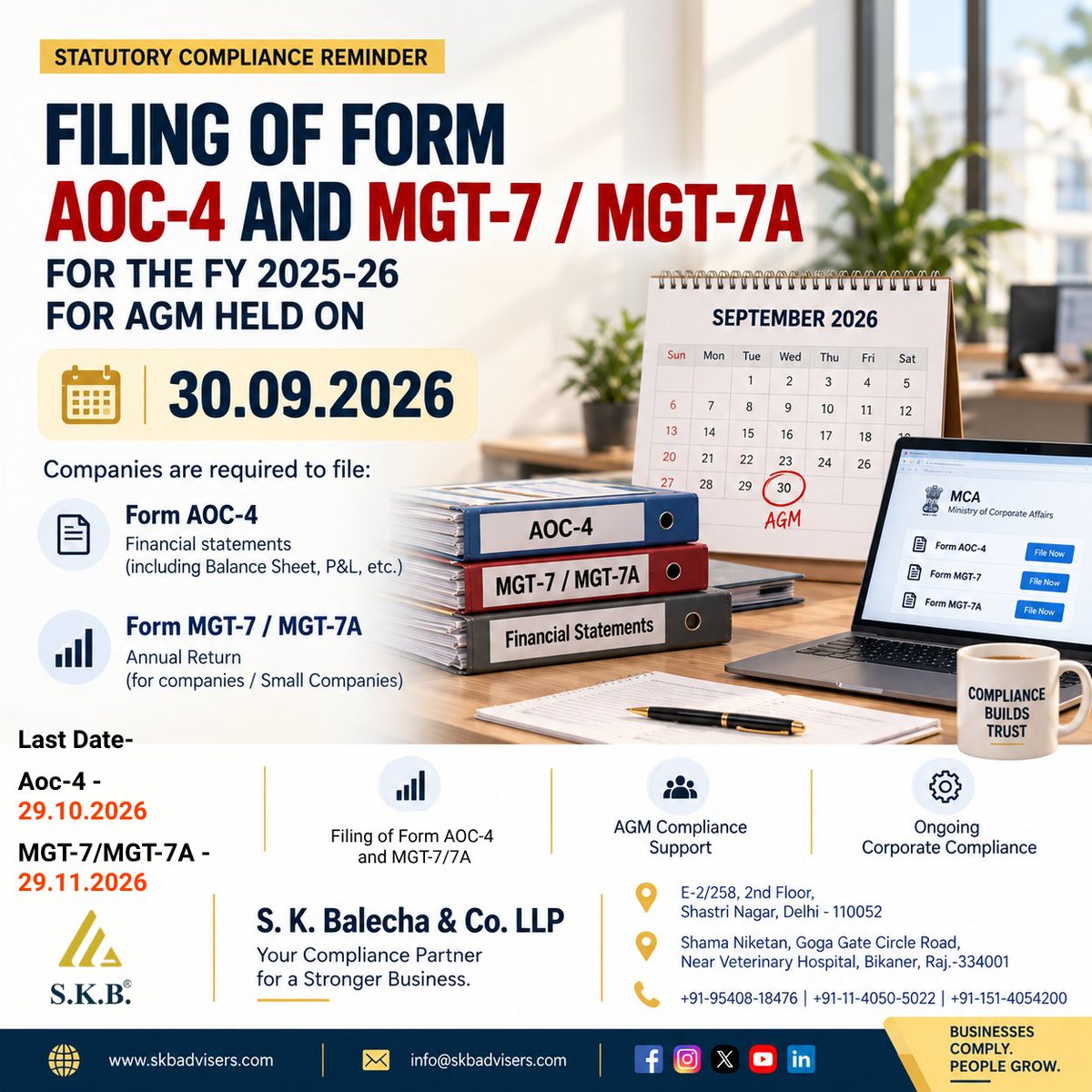 cssudesh's tweet photo. AOC-4 &amp; MGT-7 / MGT-7A filing for FY 2025-26
AGM held on 30 September 2026? Don't wait until the last minute.
Get your annual ROC filings prepared and completed on time.
📞 +91-95408-18476 | 0151-4054200
🌐 https://t.co/p585DAmeSw
#AOC4 #MGT7 #ROCCompliance https://t.co/wcL83ieVmj