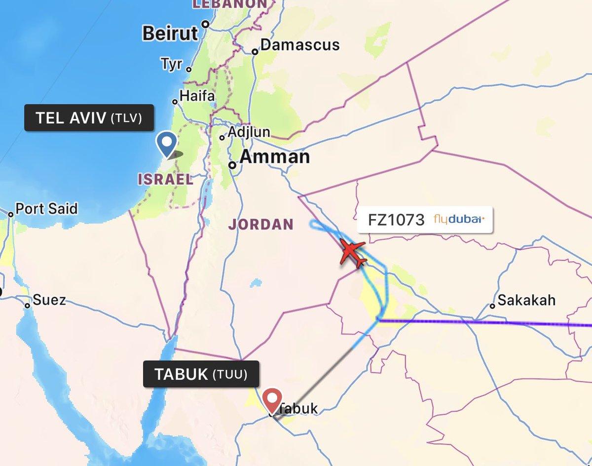 ArmchairAdml's tweet photo. #DUBAI FlyDubai - 🚨 7500 Unlawful Interference / 7700 General Emergency
Boeing 737 MAX 8 1x
#8965D1 A6-FKF - SKYDUBAI 1073
SKYDUBAI 1073 while flying from Dubai to Tel Aviv, briefly change their transponder code to 7500 Unlawful Interference, reaching a vertical speed of -14,000fpm, and changing back to 7700 General Emergency.
They went dark from tracking sites, due to lack of receivers in the area, before reappearing on the ground at King Faisal Air Base.
@MATA_osint