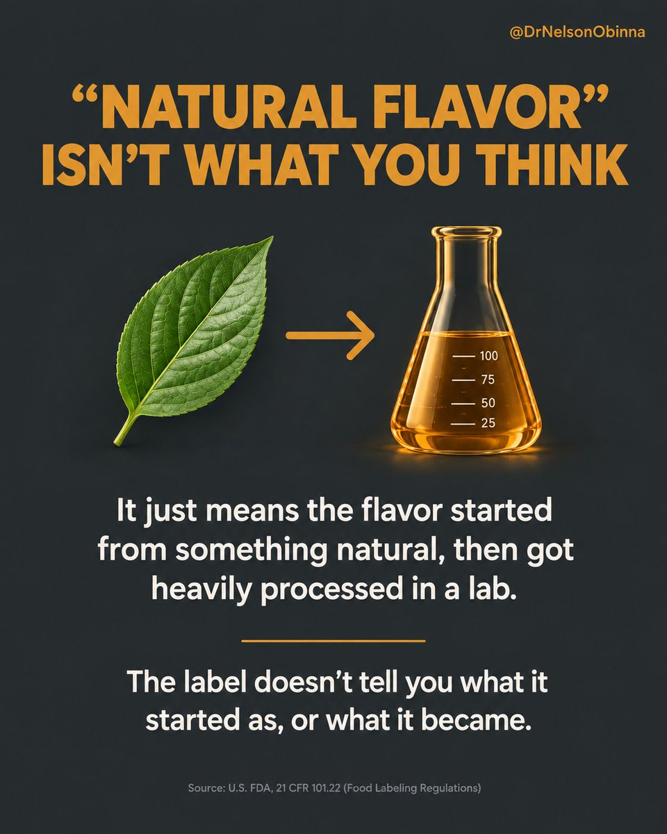DrNelsonObinna's tweet photo. The Truth About "Natural Flavor" in Packaged Foods

Source: U.S. FDA Food Labeling Regulations (21 CFR 101.22)

#NaturalFlavor #FoodLabels #NutritionFacts #FoodScience #HealthyEating #EvidenceBasedHealth #ProcessedFoods #IngredientLabels https://t.co/wUA1gXf1aS