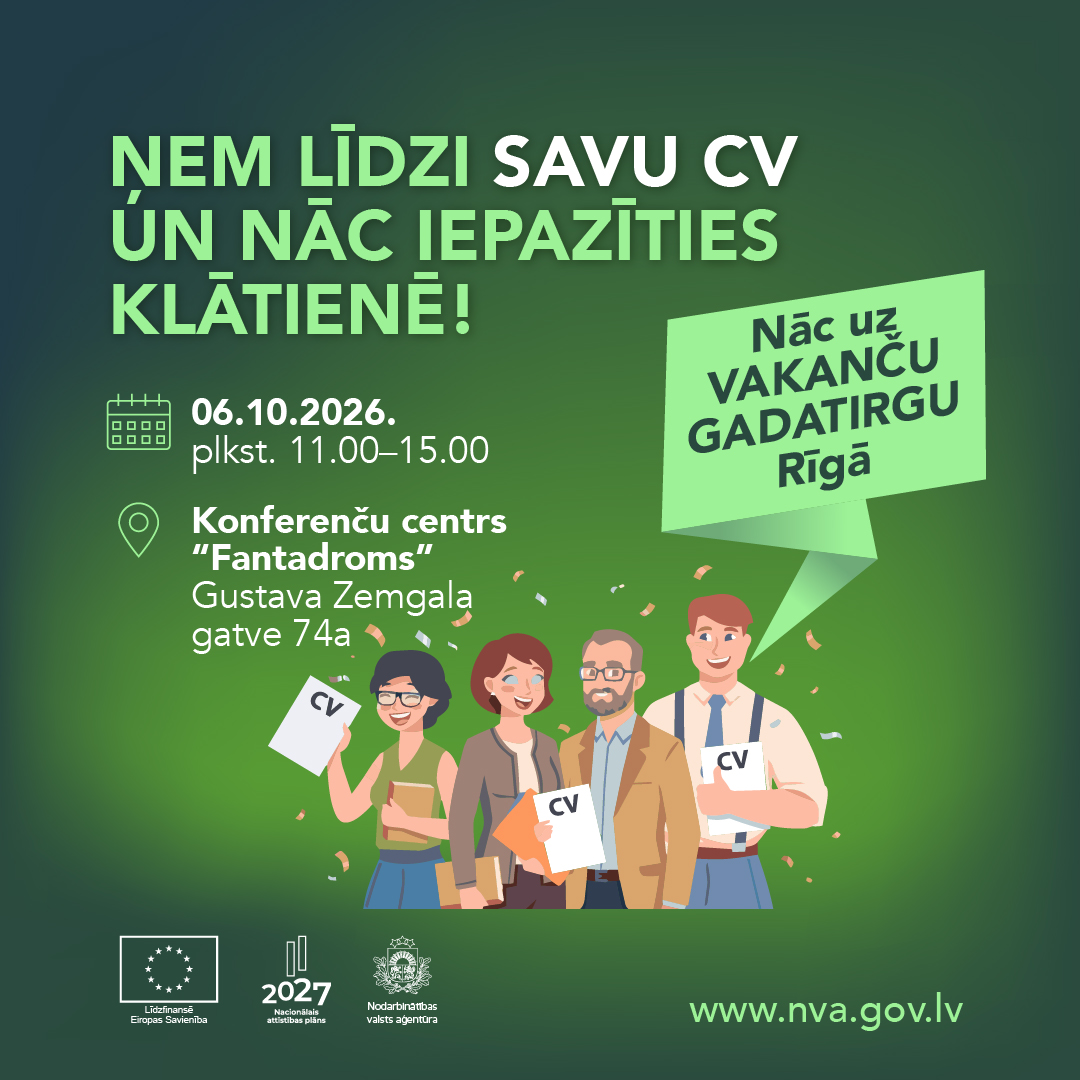 NVA_gov_lv's tweet photo. 💼 Satiec savu nākamo darba devēju klātienē! 🤝

📄 Ņem līdzi savu CV un nāc uz konferenču un pasākumu centru “Fantadroms”, Gustava Zemgala gatvē 74A, Rīgā. 6. oktobrī no plkst. 11.00 līdz 15.00 .

@Lab_min #ESFondi #AtveselosanasFonds #NVA_vakanču_gadatirgus #teirdarbs #darbs https://t.co/Cc4OR5AONn