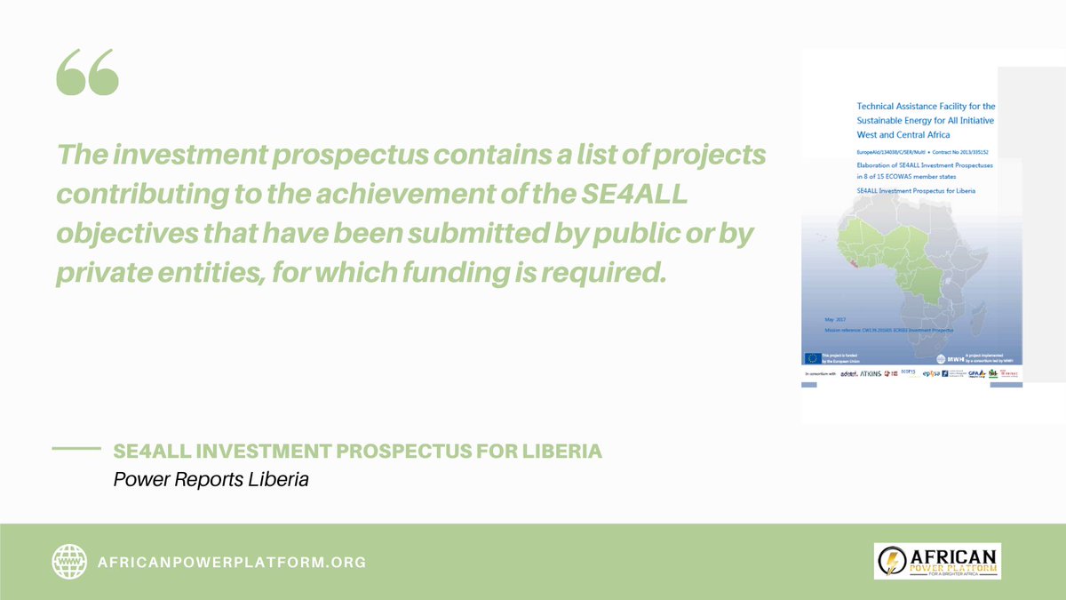 power_african's tweet photo. https://t.co/uGAJBBjXRa
Power Reports Liberia
SE4ALL Investment Prospectus for Liberia
#africanpowerplatform #africapowerplatform #energyaccess #PowerAfrica #PAYG #energy #Africa #renewableenergy #electricity #electrification #solar #wind #biomass
https://t.co/uGAJBBjXRa https://t.co/2wNPeDycgU