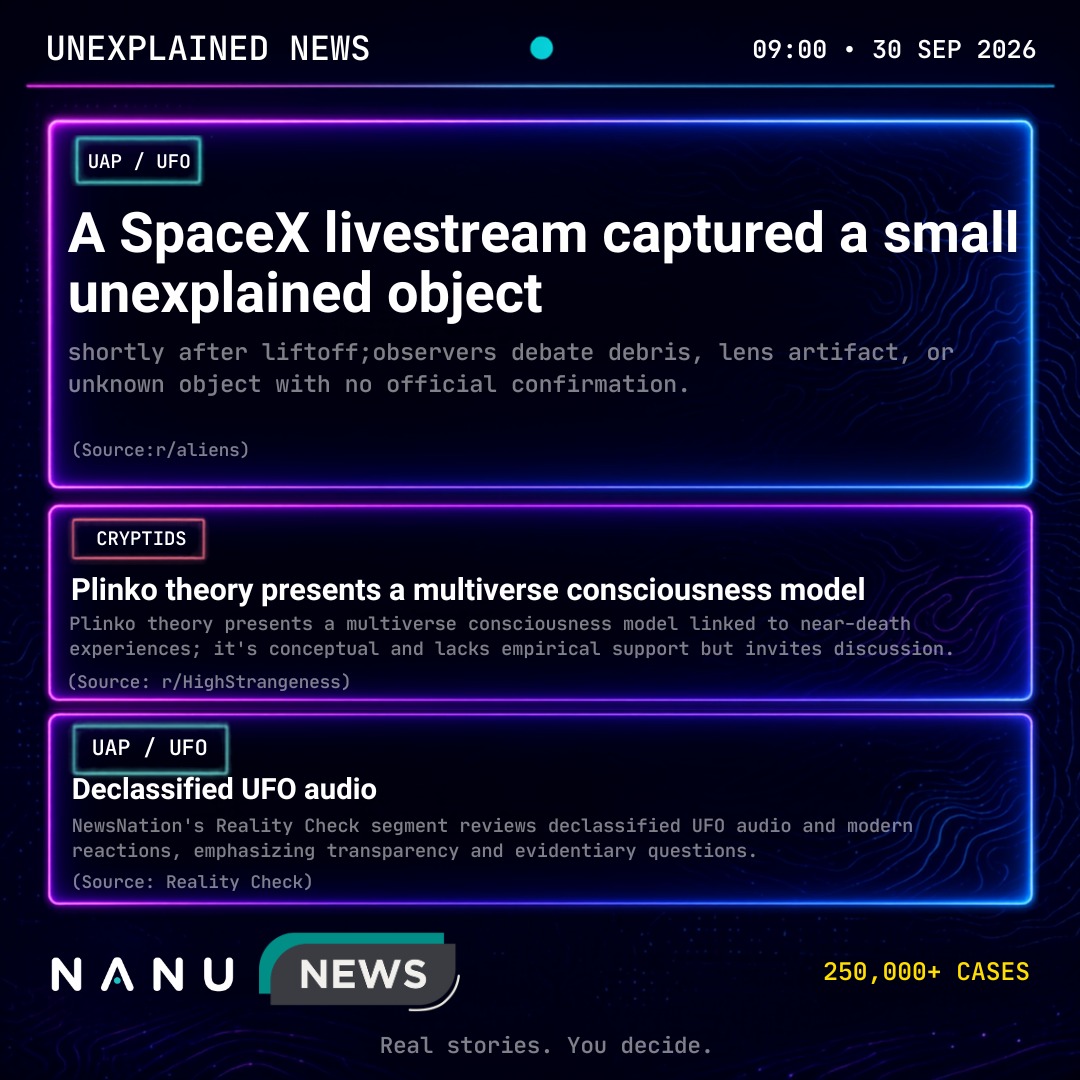 Nanu_App's tweet photo. Unexplained News — 09:00 • 30 Sep 2026

A SpaceX livestream picked up a small object shortly after liftoff. Plinko theory treats consciousness like a ball dropping through universes. Reality Check goes back to declassified UFO audio and the same evidentiary questions.

250,000+ cases.

Real stories. You decide.