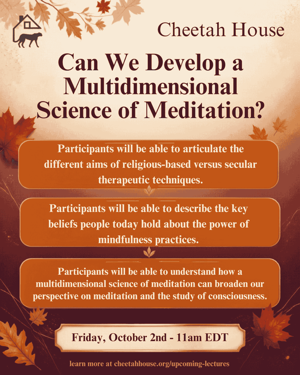 CheetahHouseOrg's tweet photo. ⚡ Happening FRIDAY! Dr. Miguel Farias presents 'Can We Develop a Multidimensional Science of Meditation?' Oct 2 @ 11am EDT. 1 APA CE Credit. https://t.co/0iE3gIN49C