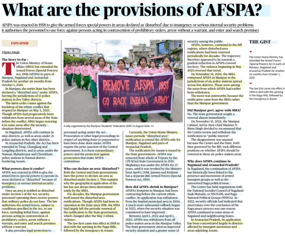 imRavikantYadav's tweet photo. What are the provisions of AFSPA?

#ArmedForces Special Powers Act

:Informative article by Ms Vijaita Singh
@vijaita 

#AFSPA #DisturbedAreas #Insurgency #InternalSecurity #LethalForce #Warrant × #LegalProtection #Prosecution
#Manipur
#Nagaland #Arunachal
#Assam
#History

#UPSC https://t.co/XwpC4ifhXp