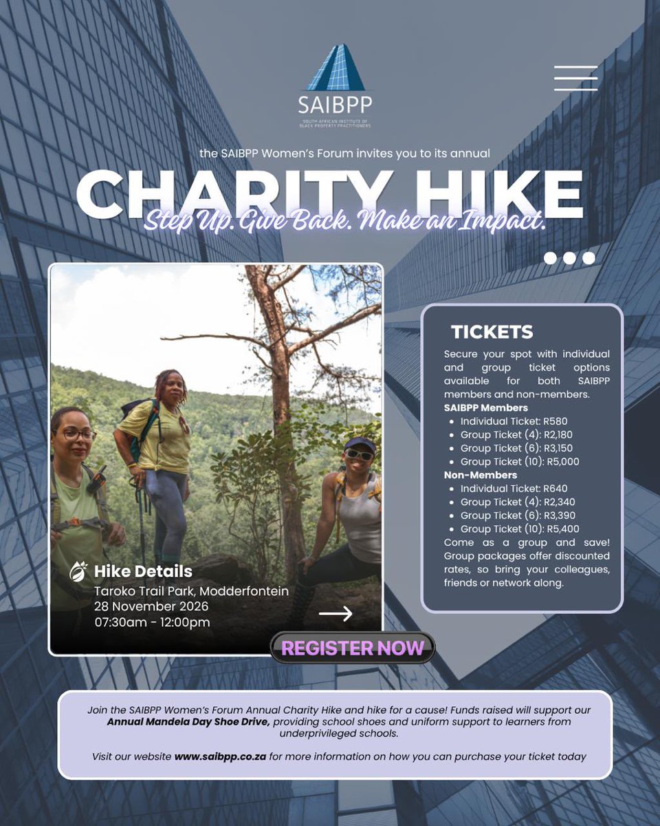 saibpp's tweet photo. Have you secured your spot for our Annual Charity Hike?

📍 Taroko Trail Park, Modderfontein
🗓️ 28/11/26 | 07:30 - 12:00

Tickets from R580 | Group discounts available

Register now: https://t.co/2VS4pzFIRF https://t.co/asfIna8hle