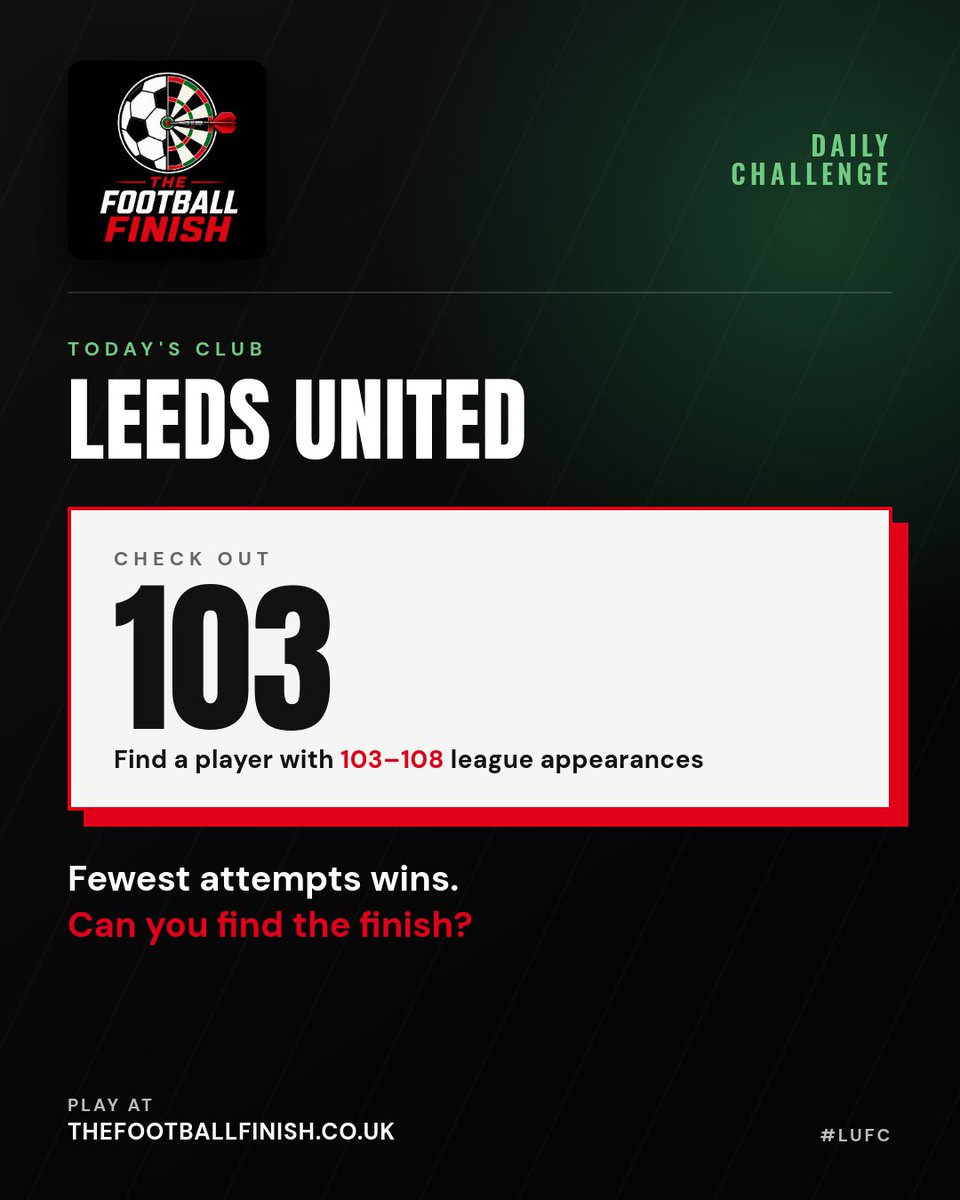 TFootballFinish's tweet photo. 🎯 DAILY FINISH

Your turn, Whites.
Name a Leeds United player with 103–108 league appearances.

Think you know one? Put your answer below.

Fewest attempts wins.
Play free 👇
https://t.co/dM471zvFQC

#TheFootballFinish #LUFC https://t.co/goQ21M1Xs9