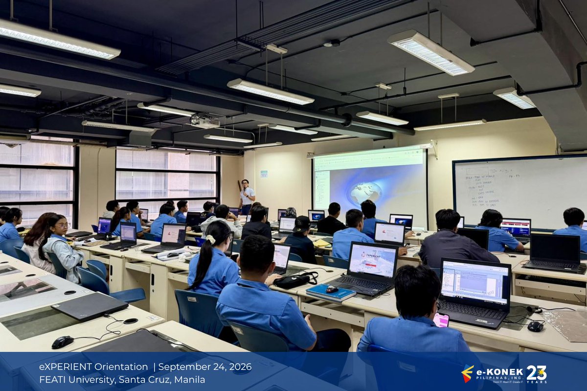 e_Konek's tweet photo. On September 24, e-Konek conducted an eXPERIENT Orientation for FEATI University students, led by our Business Development Officer, Vince Crisologo. Thank you, FEATI University, for the warm welcome and meaningful collaboration! #eKonek #eXPERIENT https://t.co/a0mpxiWop2
