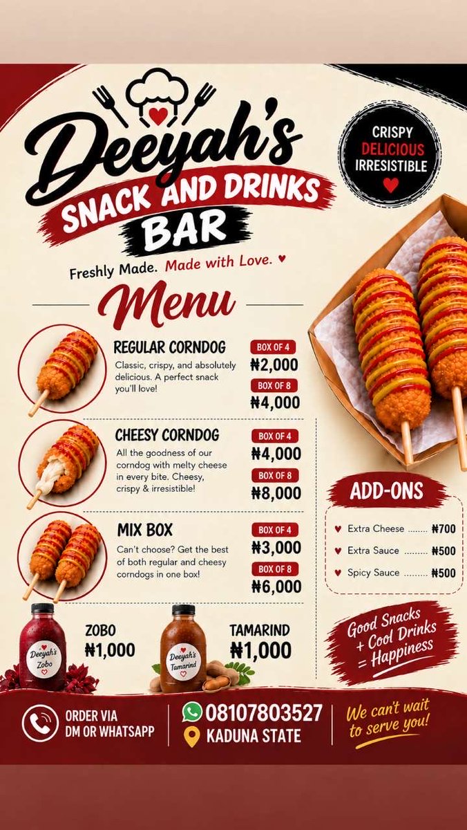 leemrh_saddiq's tweet photo. Your corn dog plug just arrived 🤭

Freshly made, cheesy, crispy &amp; sooo good! 🤤
Plus our chilled homemade drinks 🥤✨

Menu below 👇🏽
📍 Kaduna State
📲 08107803527

Come hungry, leave happy 🤎 https://t.co/8t9CgK3LDX