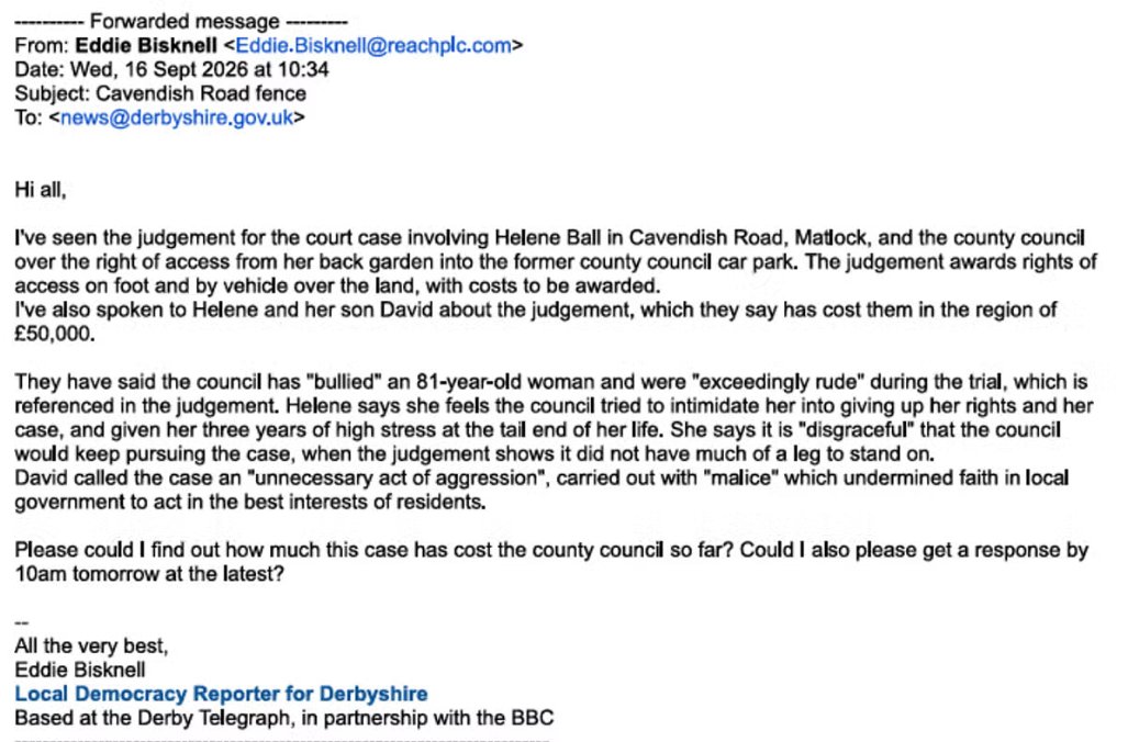RobParsonsNorth's tweet photo. Reform-run @Derbyshirecc have banned Local Democracy Reporter @EddieBisk.

Their central claim is that Eddie only gave them four hours to respond to his request for comment after a critical court judgement.

This is completely untrue, as the screenshot below shows. https://t.co/xEbVbCxnSH
