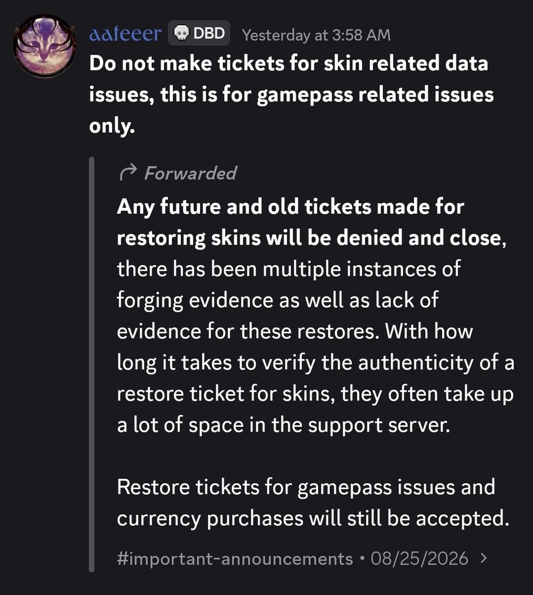 BlankLikePaper_'s tweet photo. >lose almost all my legacy milestone skins
>try to contact forsaken support for help with some evidence
>says it'll take up to 48 hours for a response
>wait a week without a response
>my ticket is abruptly closed and this is sent publicly in the server

W FORSAKEN DEVS #forsaken https://t.co/qvIljBkVsJ