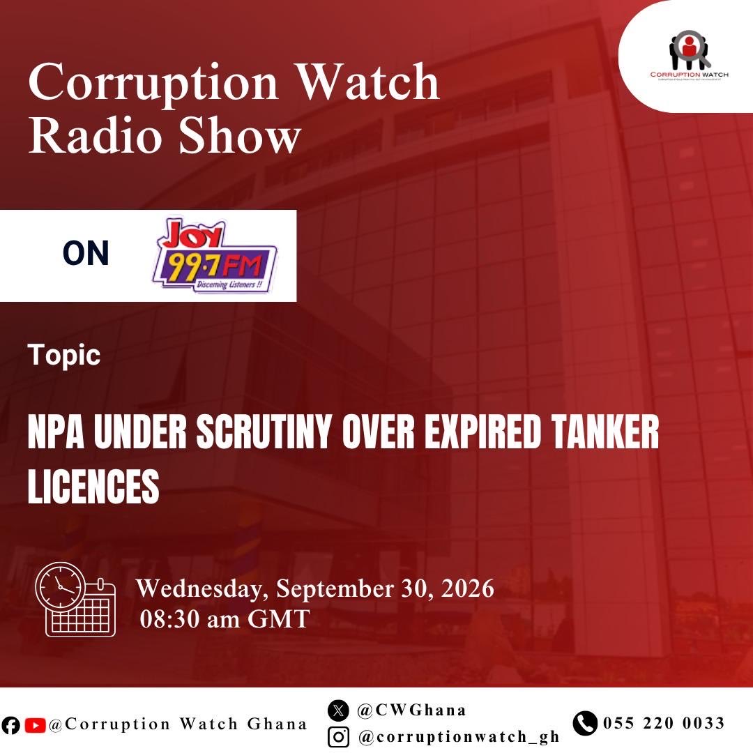 NPAGhana's tweet photo. We’re going live in the next few minutes.

Join Corruption Watch on Joy 99.7 FM as we put the National Petroleum Authority under scrutiny over gaps identified in the Auditor-General’s Performance Audit Report.

The discussion will examine tanker licensing, fuel tracking, fuel marking, retail monitoring and value-for-money concerns within Ghana’s downstream petroleum sector.

Tune in. The conversation starts at 8:30am GMT.