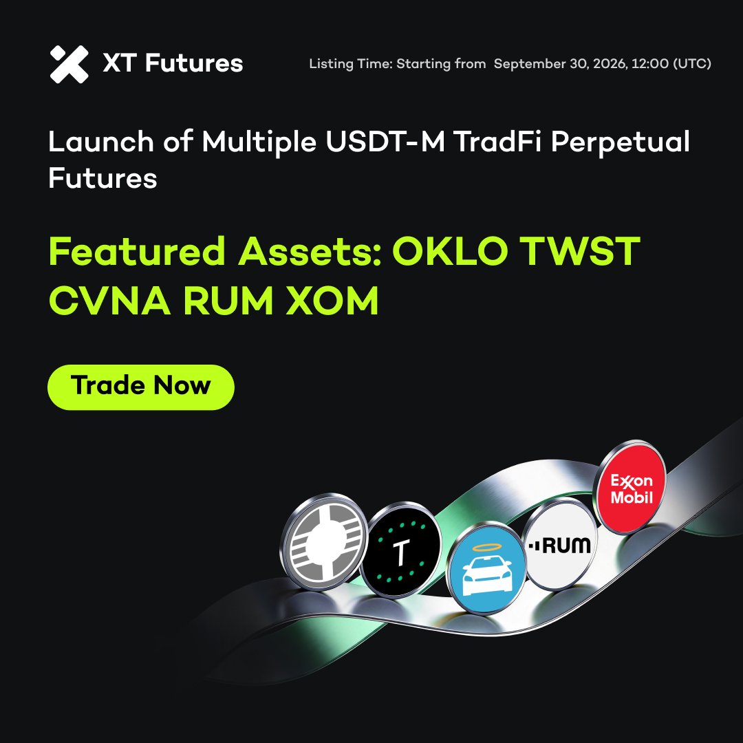 XTexchange's tweet photo. 🚀 #XTfutures New Listing Alert 🚀 #TradFi

🔥 XT will list OKLOUSDT(1-20X), TWSTUSDT(1-20X), CVNAUSDT(1-20X), RUMUSDT(1-20X), XOMUSDT(1-20X) USDT-M TradFi Perpetual Futures on September 30, 2026 (UTC).

Trade Now ⤵️
https://t.co/tZvGAk90lH https://t.co/zKKR4ZNi1O