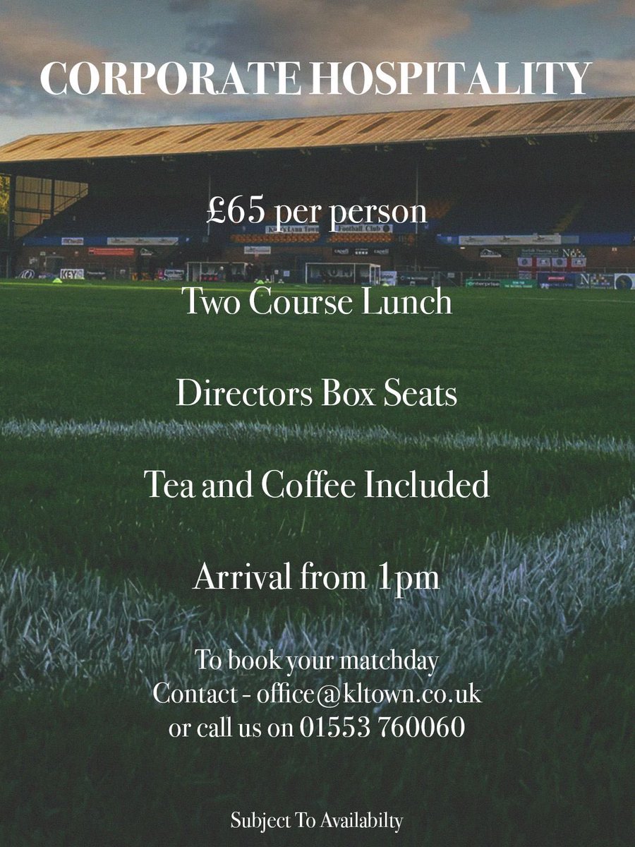 officialKLtown's tweet photo. Corporate Hospitality 🍽️

Want to upgrade your matchday experience❓

Here’s all the information you need to know ℹ️ 

To book for Corporate Hospitality - contact office@kltown.co.uk or ring us on 01553 760060 📞

#WeAreLynn https://t.co/OCvI1uPHk8