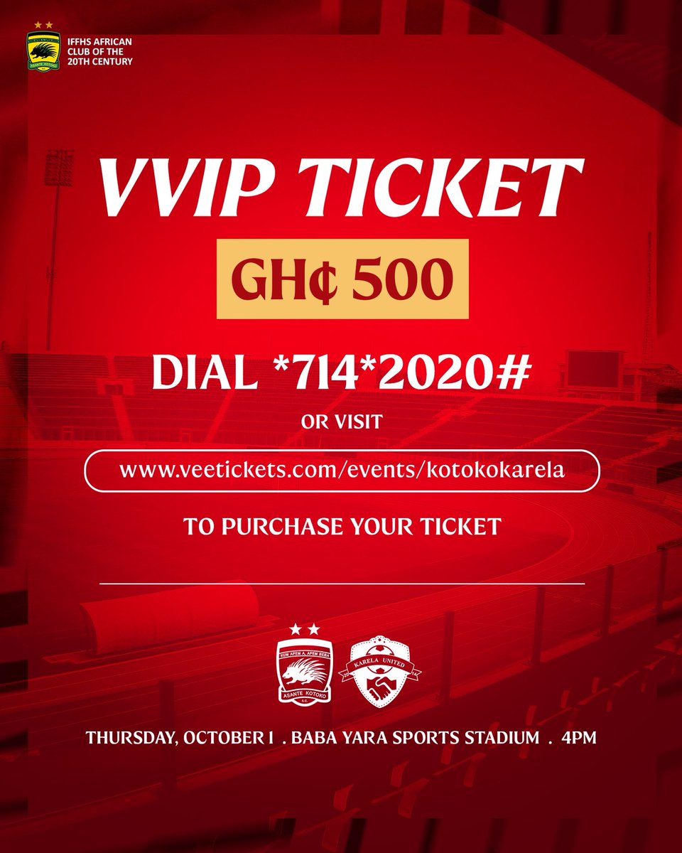 AsanteKotoko_SC's tweet photo. The VVIP seats are not complimentary. To enjoy a truly VVIP experience for #KotokoKarela please dial *714*2020#. 

#UnitedinHeritageDrivenbyExcellence https://t.co/XvgX2CVHu0