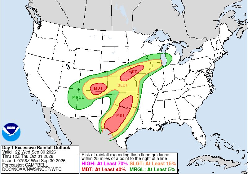 NWSWPC's tweet photo. A MODERATE risk is in effect in our Day 1 Excessive Rainfall Outlook. More details: https://t.co/cfgBoWyKla https://t.co/nZgtUBju6E